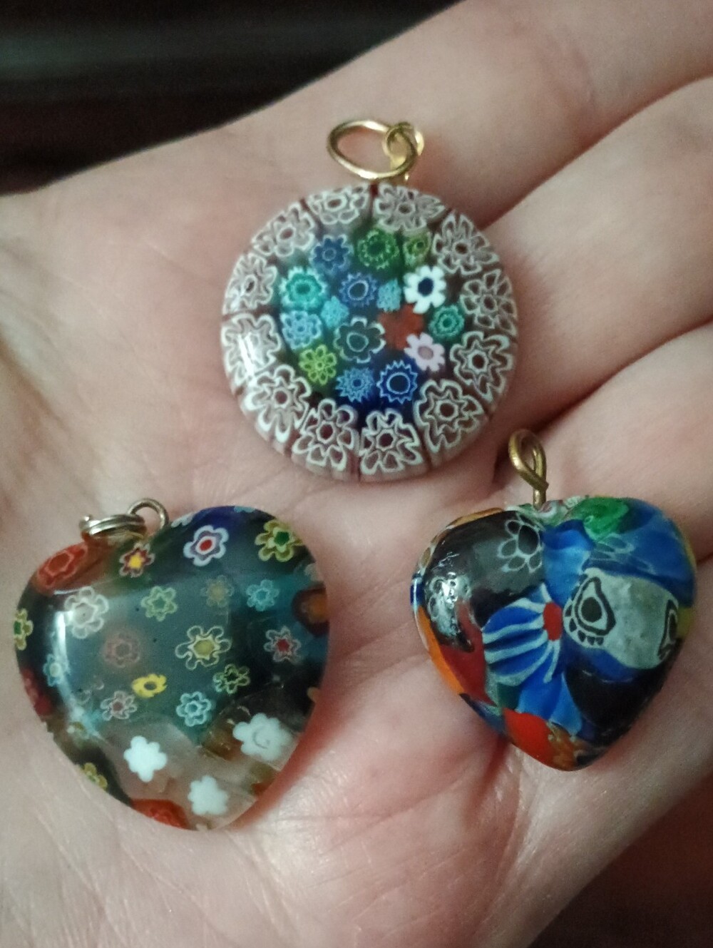 Multicolor Murano Millefiori Glass Heart & Round Pendant Set Of Three